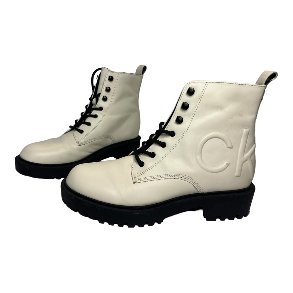 Calvin Klein Womens KCKAMRY Leather Logo Combat & Lace-up Boots Shoes size 8.5